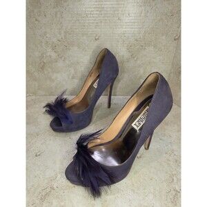 BADGLEY MISCHKA Ginnie Pumps 7M Feather Peep toe Evening Shoes Purple Heels
